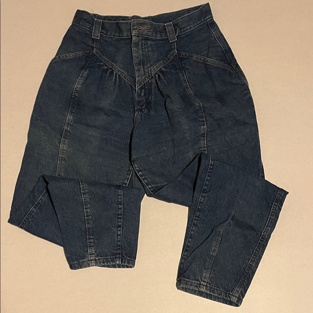 Vtg Lee Dark Wash Womens 12 Petite High Waisted Mom Jeans Baggy Pleated Tapered